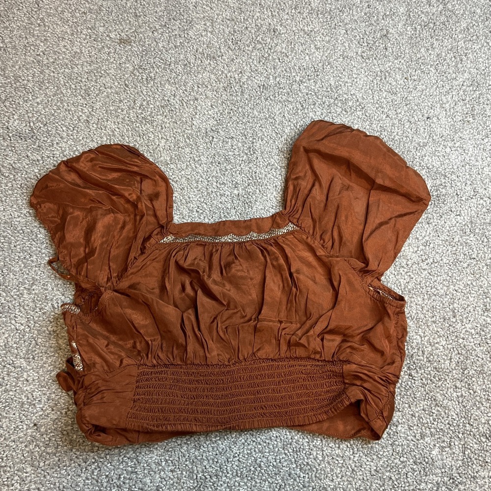 Free People Blouse Womens Small Brown Embroidered Puff Sleeve Boho Top Festival - Picture 7 of 11